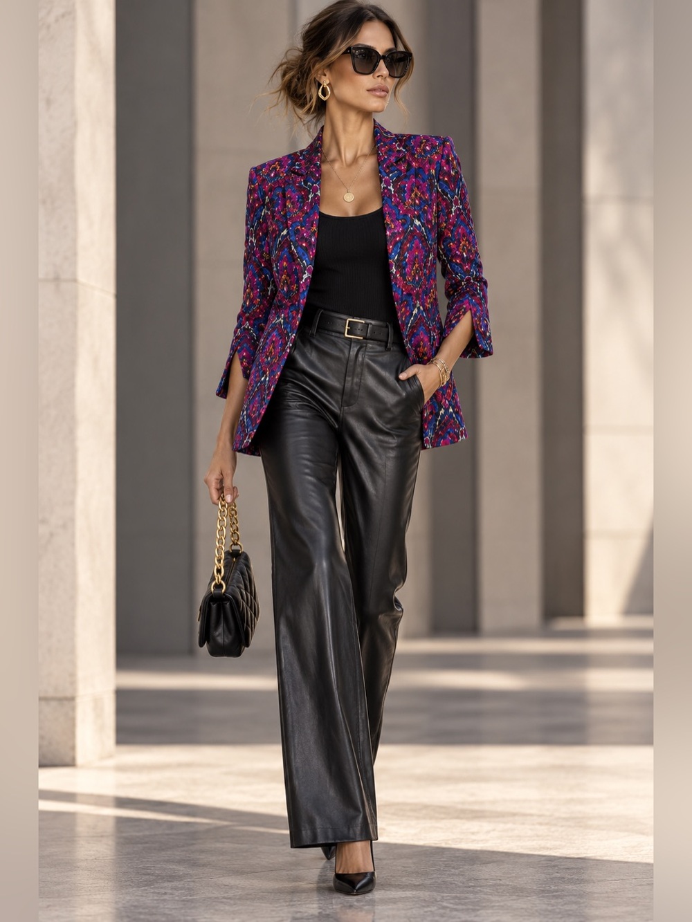 A La Carte Women’s M Boho Abstract Print Open Front Jacket Lightweight Blazer